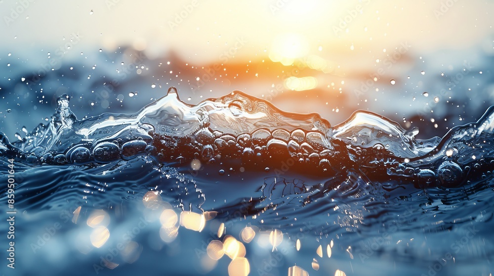 Poster a dynamic shot of the water surface with bubbles mirroring the sunlight, capturing the movement and 
