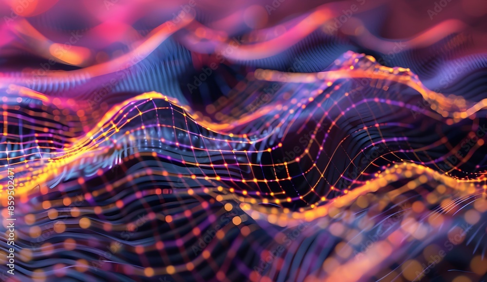Poster a closeup of an abstract, geometric pattern composed of lines and dots on a dark purple background. 