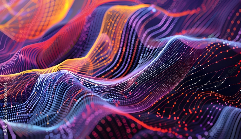 Poster a closeup of an abstract, geometric pattern composed of lines and dots on a dark purple background. 
