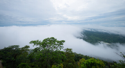 Sunrise on the mountains, panorama landscape, natural background, Preah Vihear Thailand.Mist in the morning.A Hill top covered with the fog. Rainy days isnt easy to take view.