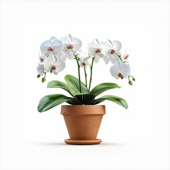 Hyper-realistic potted orchid with delicate white blooms, terracotta pot with visible texture, clipart-style clarity on white background
