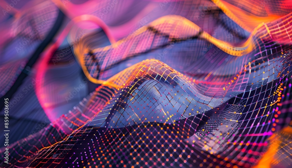 Poster a closeup of an abstract, geometric pattern composed of lines and dots on a dark purple background. 