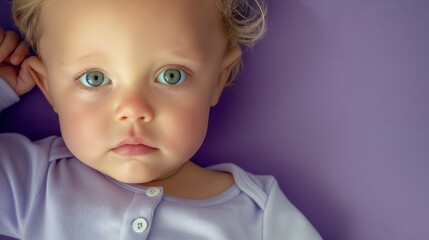 Naklejka premium A close-up portrait of a baby girl lying on a purple sheet