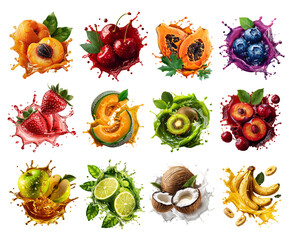 Vibrant Fruit Splash Collection - Fresh Juicy Fruits in Dynamic Splashes