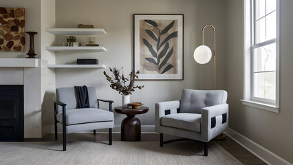 Elegant Living Room Interior with Abstract Art and Modern Furniture. Generated AI