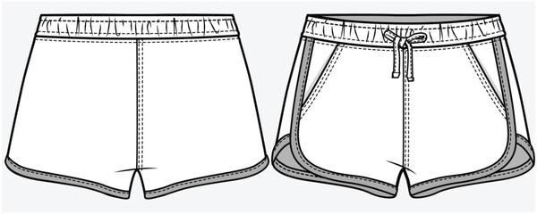 SPORTY SHORTS WITH DOLPHIN HEMLINE AND SIDE TAPING DETAIL DESIGNED FOR TEEN GIRLS AND KID GIRLS IN VECTOR FILE