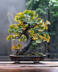 Jurassic-era ginkgo tree with fan-shaped leaves in an ornate bronze container, presented on a completely empty, crisp white canvas that accentuates its timeless beauty
