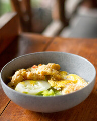 crispy salted egg dori, in a wooden-themed cafe