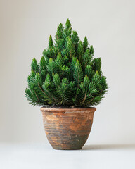 Ancient monkey puzzle tree with spiky, scale-like leaves in a large terracotta pot, displayed on a pristine, pure white background that emphasizes its unique structure