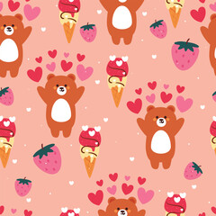 seamless pattern cartoon bear with hearts and ice cream. cute animal wallpaper for gift wrap paper, valentine wallpaper