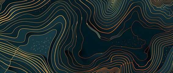 Vector illustration of topographic lines on a dark blue background, with a simple and minimalistic design featuring golden outlines. This could be a modern poster or banner
