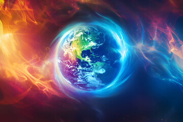 A vibrant energy swirl around a globe.


