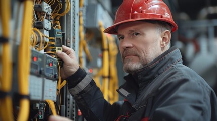 An electrician uses a multimeter to test the wiring and operation of data cables on a building's electrical panel, focusing on the hands using tools to ensure the safety of the power lines.