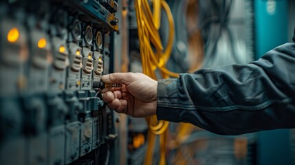 An electrician uses a multimeter to test the wiring and operation of data cables on a building's electrical panel, focusing on the hands using tools to ensure the safety of the power lines.