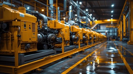 Obraz premium In a modern industrial plant, there is a yellow generator with multiple engines lined up side by side in front of it