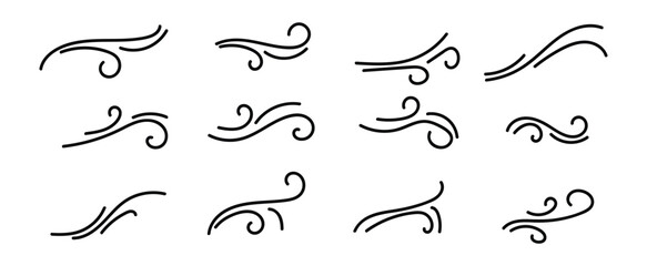 Obraz premium Doodle wind line sketch set. Hand drawn doodle wind motion, air blow, swirl elements. Sketch drawn air blow motion, smoke flow art, abstract line. Isolated on white background . vector illustration.