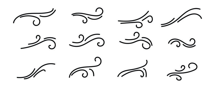 Doodle wind line sketch set. Hand drawn doodle wind motion, air blow, swirl elements. Sketch drawn air blow motion, smoke flow art, abstract line. Isolated on white background . vector illustration.