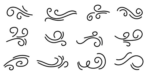 Doodle wind line sketch set. Hand drawn doodle wind motion, air blow, swirl elements. Sketch drawn air blow motion, smoke flow art, abstract line. Isolated on white background . vector illustration.