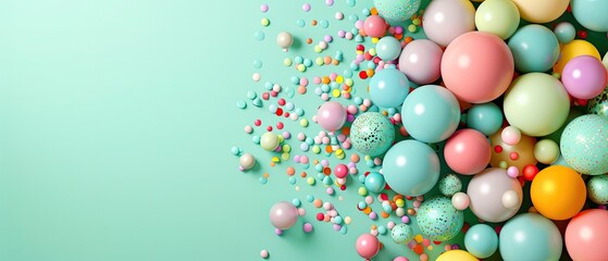 Soft pastel balloons and vibrant confetti against a light coral background
