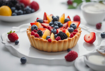 An artfully crafted fruit tart with a crisp pastry shell filled with creamy custard and topped with