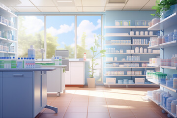Sunlit Modern Pharmacy Interior with Shelves and Plants, Clean and Bright
