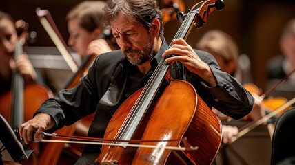 A professional cellist passionately plays during an orchestral performance, immersed in the rich sound of the cello.