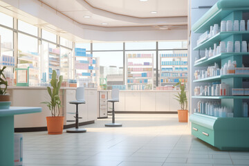  Modern Pharmacy Interior with Shelves and Plants, Bright and Clean