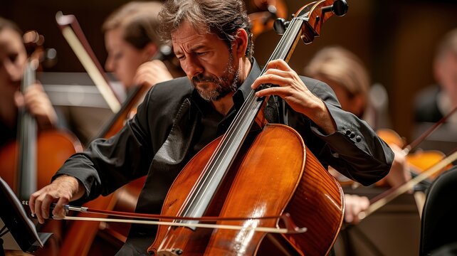 A professional cellist passionately plays during an orchestral performance, immersed in the rich sound of the cello.