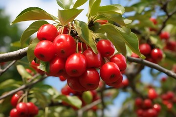 Fototapeta premium Acerola on a tree in the orchard. Fresh Acerola fruits