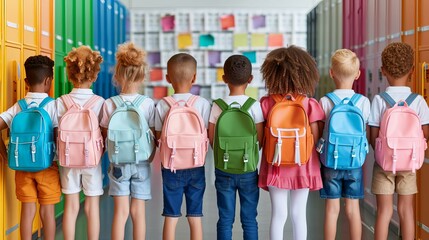 Fototapeta premium Children with backpacks posing in school hallway, back to school, primary school, happy students, vibrant atmosphere, education, colorful backpacks, school lockers, cheerful group, smiling kids