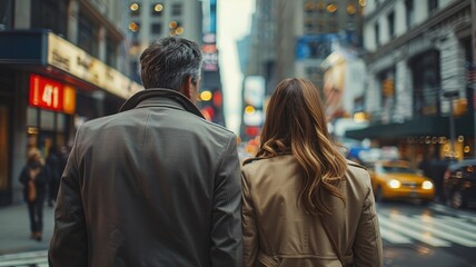 Couple walking in bustling city street, captured from behind, showcasing urban lifestyle and partnership in a busy downtown environment.