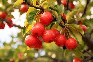 Fototapeta premium Acerola on a tree in the orchard. Fresh Acerola fruits