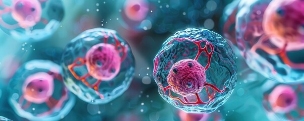 Fototapeta premium G1 phase in the cell cycle, detailed cellular view, emphasizing growth and organelle duplication, Scifi tone, Analogous Color Scheme, copy space for text,