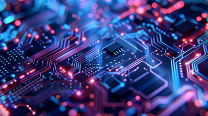Obraz premium Abstract blue circuit board with chip and light effect, technology background for digital marketing or electronic industry concept