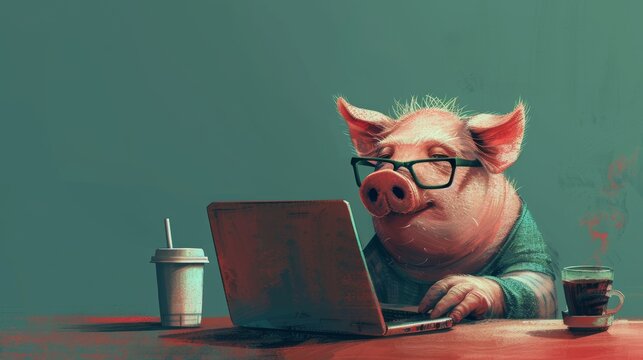 Humorous Illustration of a Pig Typing on a Laptop with Coffee for Modern Design