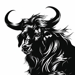 Obraz premium A black and white drawing of a bull with long horns