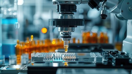 Highthroughput sequencing machine in action, top view, illustrating modern genomic techniques, robotic tone, Splitcomplementary color scheme, copy space for text,