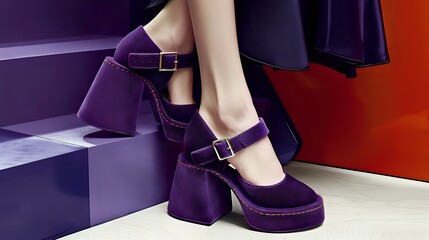 Chic Purple Suede High-Heeled Shoes with Navy Apparel