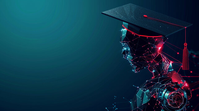E-learning concept. Abstract 3d low polygonal robot holding Graduation cap or Student hat. Innovative online education. Distance graduate certificate program.