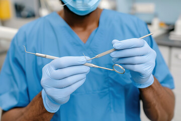 Close-up image of a dentists gloved hands holding dental tools in a clinical setting.