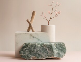 A product display. Setup creates a serene atmosphere for product photography, emphasizing simplicity in design while showcasing natural textures and colors in the style of minimalism.