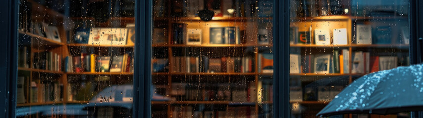 Rainy day bookstore window, dimly lit interior, books on shelves, raindrops on glass