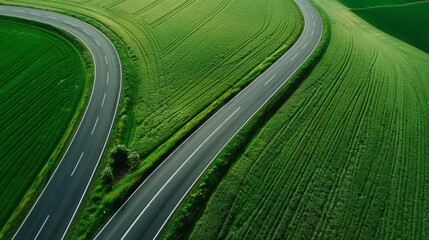 Aerial View of Winding Road Through Green Fields in Spring