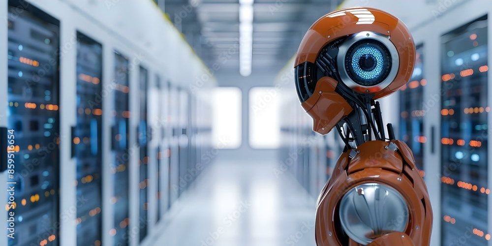Poster brown robot hanging in ai server room symbolizing machine learning technology. concept ai technology