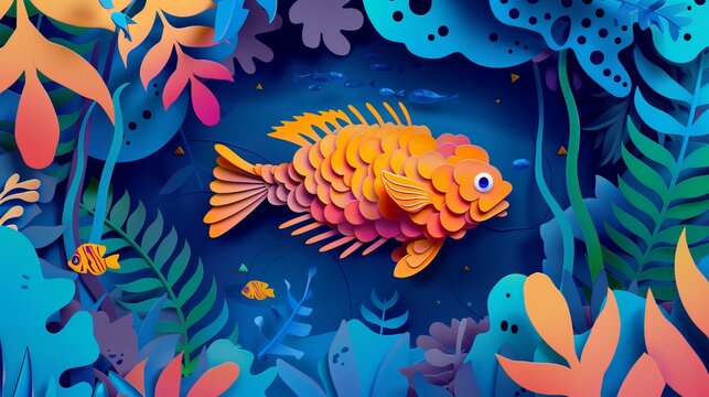 Paper art style of a vibrant fish swimming among aquatic plants, rendered in paper cut styles with a synthwave color banner template sharpen with copy space. synthwave fish. Illustrations