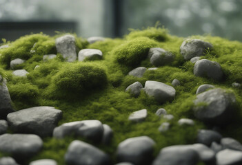 Green moss accompanied by ornamental stones and grass isolated on transparent background