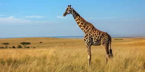 Obraz premium A tall giraffe stands in the middle of a grassy field. The giraffe is looking off into the distance. The background of the photo is a blue sky with some clouds.