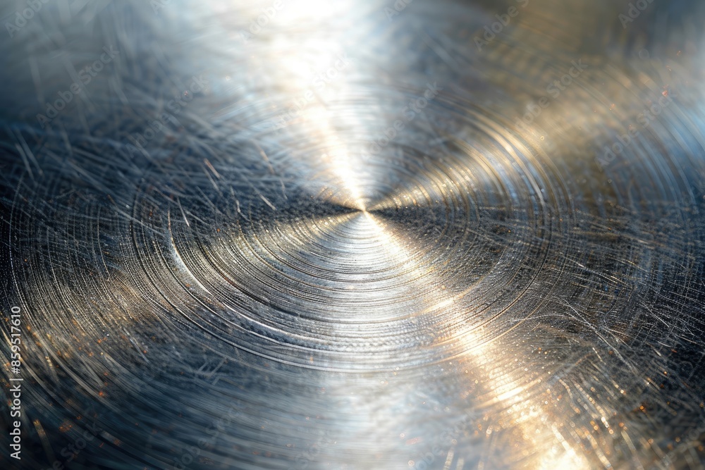 Poster A close up of a silver surface with a circular shape. The surface is shiny and reflective. The circular shape is the main focus of the image