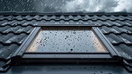 Attic skylight window pelted by rain, dramatic lighting