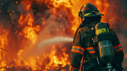 Fototapeta premium Firefighter in full gear using a high-pressure firehose to extinguish large flames burning a building, close-up shot from behind with focus on the firefighter's back and the vibran